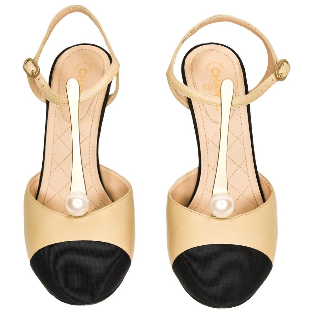 Chanel Black and Tan T-Strap Shoes w/Round Grosgrain Cap Toes and Pearl